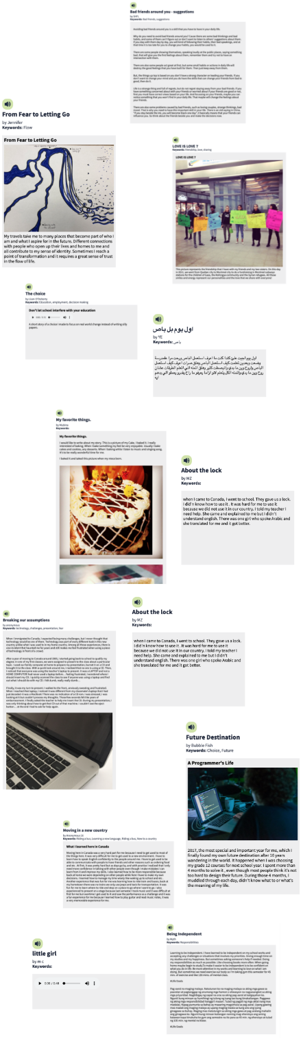 A collage of thirteen stories shows a variety of ways storytellers have expressed their experiences. Stories include audio, hand drawings, photographs, English writing and Arabic writing.